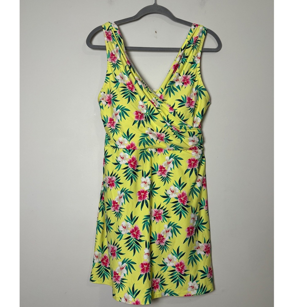 Lands End Womens One Piece Swim Dress 14 Tropical Floral Floral Full Coverage